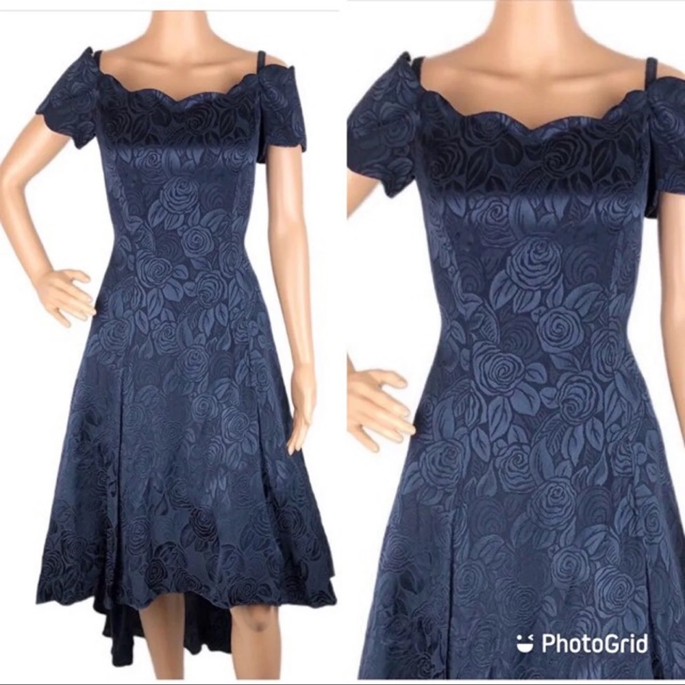 VTG Roberta Navy Brocade High Low Dress Med